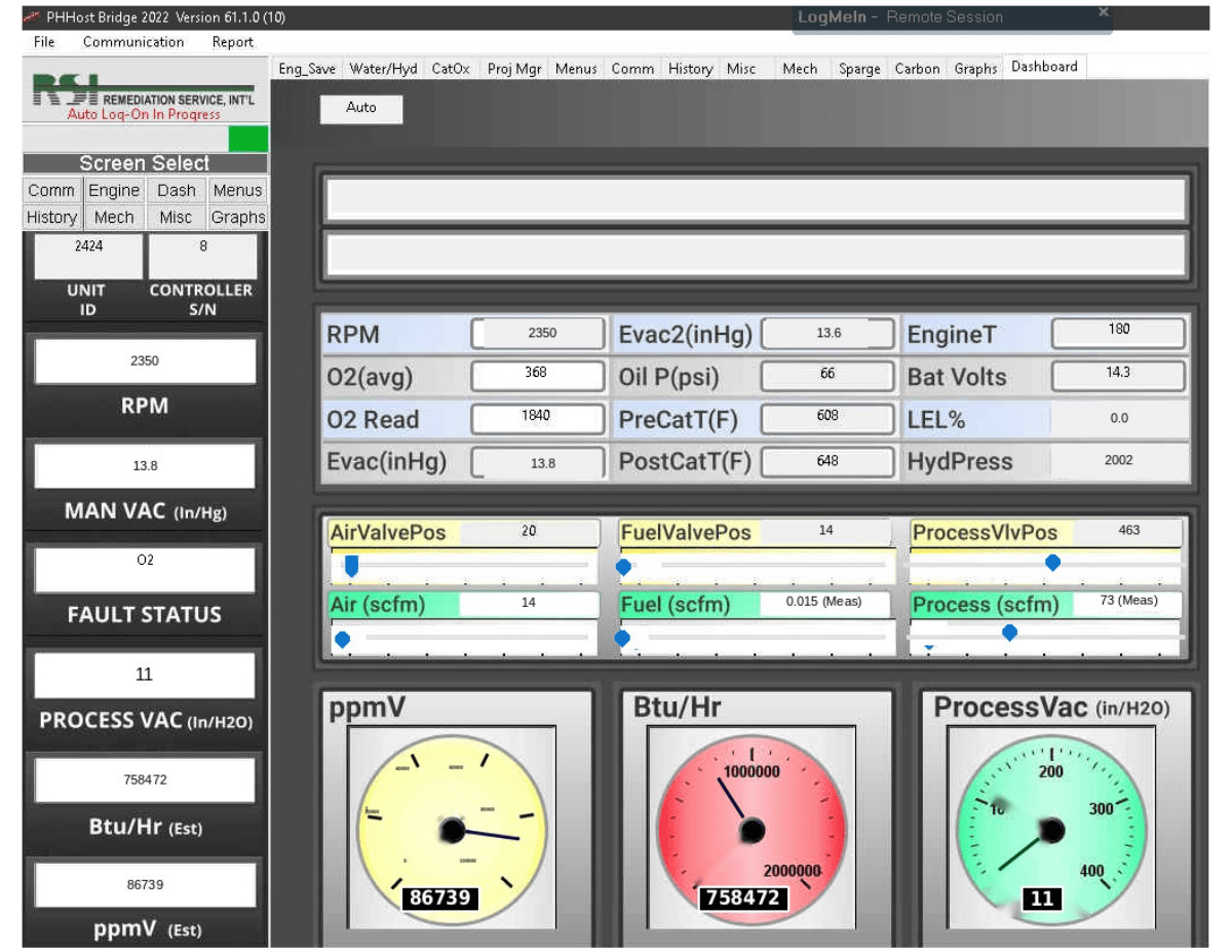 RSI Phoenix controller touchscreen displaying live unit readouts: RPM, O2, evacuation vacuum, catalyst and engine temperatures, valve positions, and ppmV, Btu/Hr and process vacuum gauges.